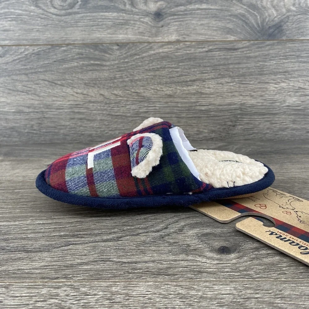 Lil Bear Dearfoam Slippers Youth Size 11- 12‎ Plaid Red Blue